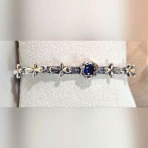 Retro Cross 925 Silver Cuff Bracelet With Blue Center Stone